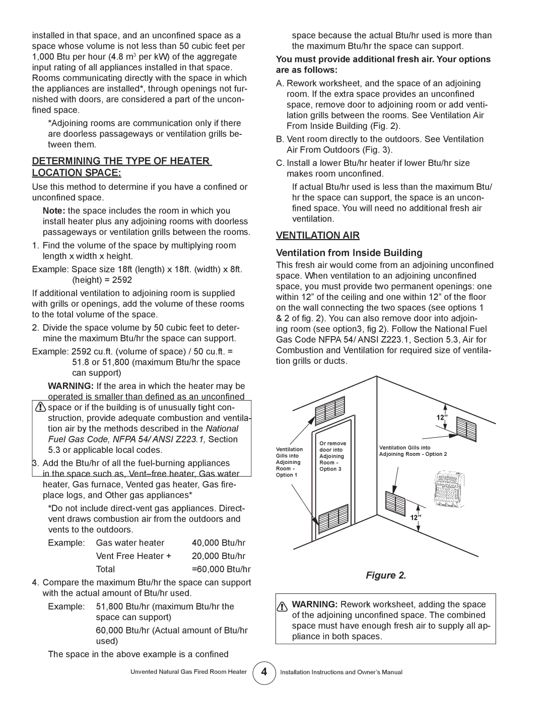 Enerco HSIR20NGT, MHBF6NG Determining the Type of Heater Location Space, Ventilation AIR, Ventilation from Inside Building 