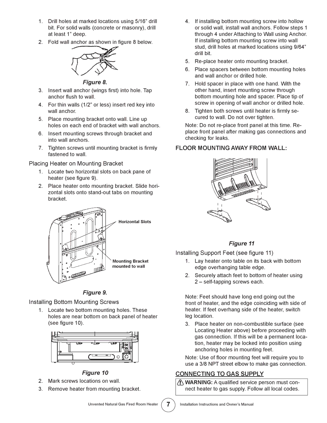 Enerco HSBF10NG Placing Heater on Mounting Bracket, Installing Bottom Mounting Screws, Floor Mounting Away from Wall 