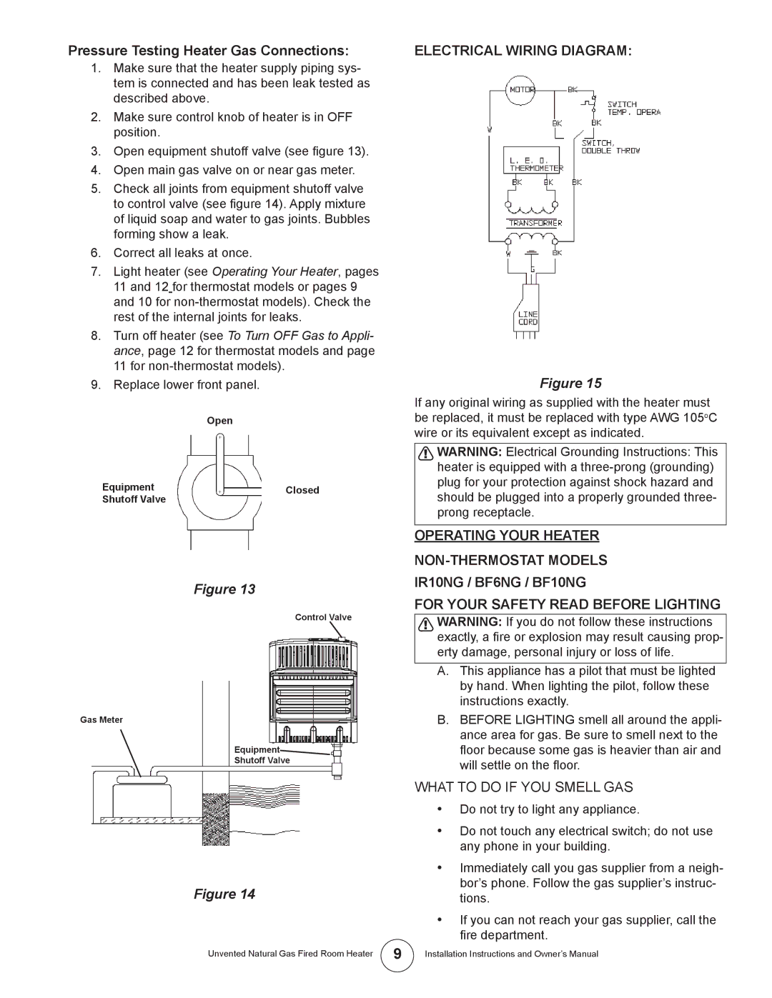 Enerco MHIR10NG, TSIR20NGT Pressure Testing Heater Gas Connections, Electrical Wiring Diagram, Operating Your Heater 