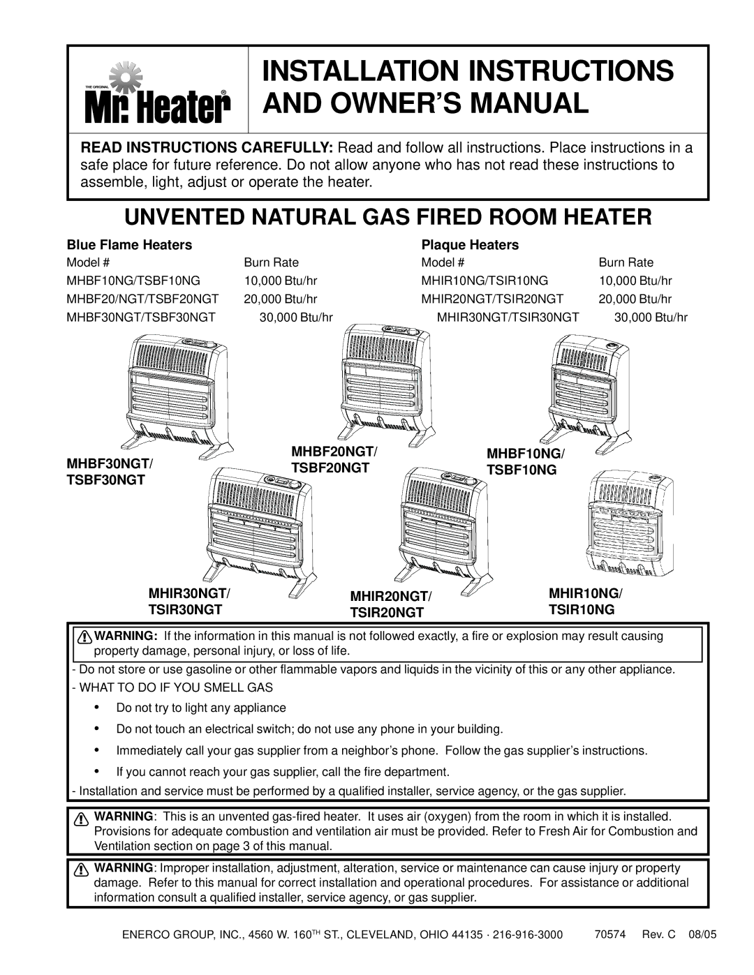 Enerco TSBF10NG, TSIR20NGT installation instructions Blue Flame Heaters­ Plaque Heaters­, What to do if YOU Smell GAS 