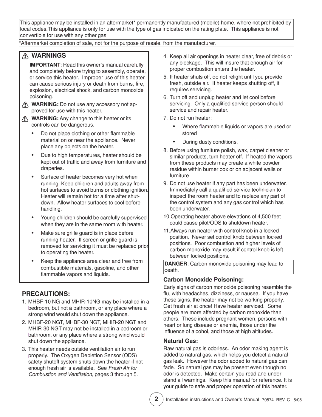 Enerco MHIR20NGT, TSIR20NGT, TSBF10NG, MHBF10NG, TSIR10NG, MHIR10NG Precautions, Carbon Monoxide Poisoning, Natural Gas 