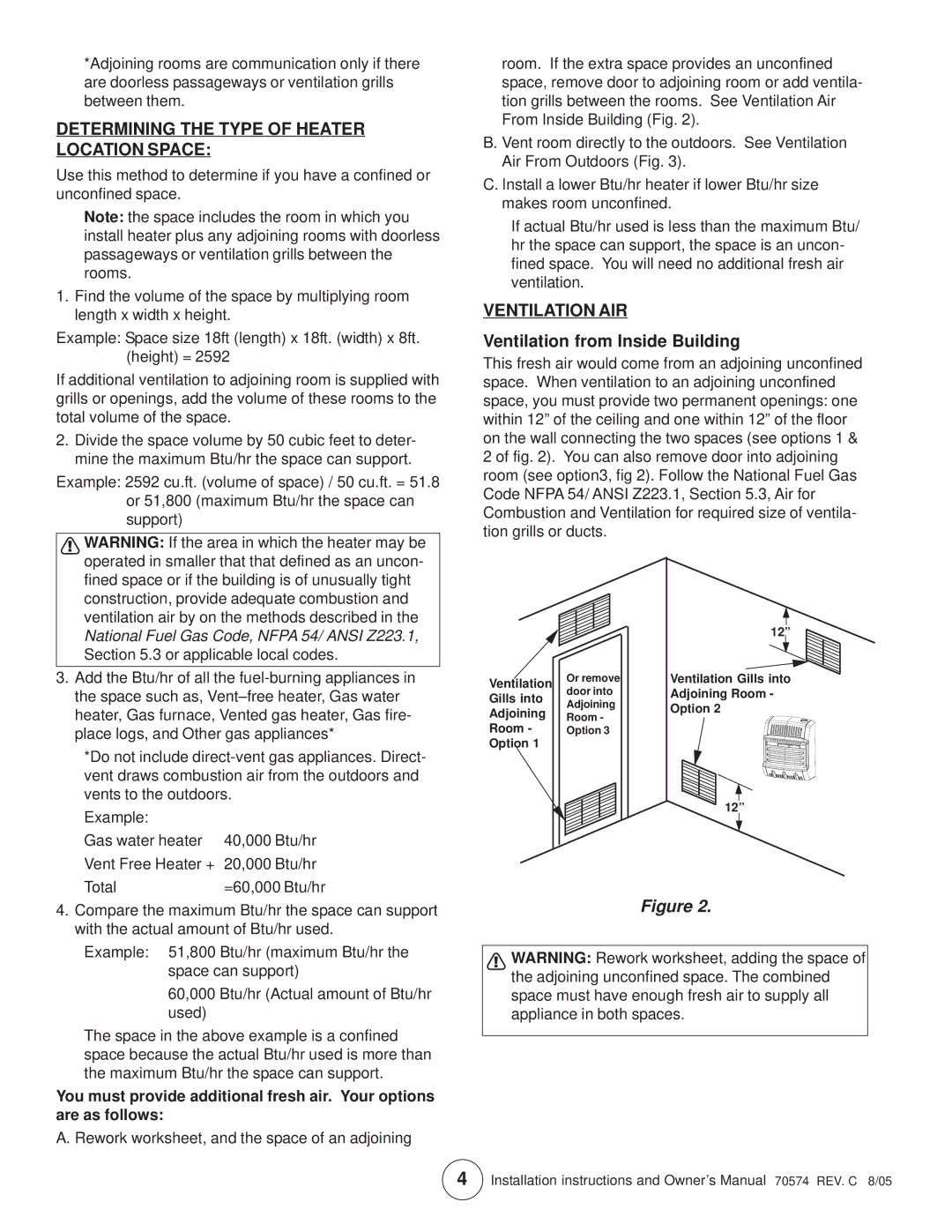 Enerco TSIR10NG, TSBF10NG Determining the Type of Heater Location Space, Ventilation AIR, Ventilation from Inside Building 