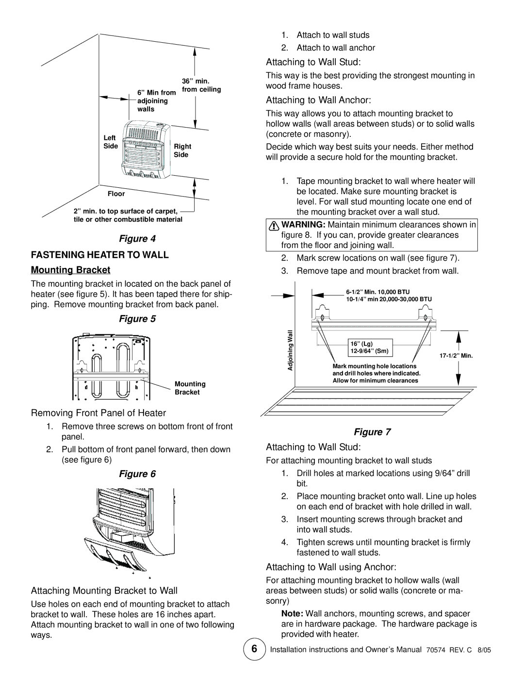 Enerco TSIR30NGT, TSIR20NGT, TSBF10NG, MHIR20NGT, MHBF10NG, TSIR10NG, MHIR10NG Fastening Heater to Wall, Mounting Bracket 