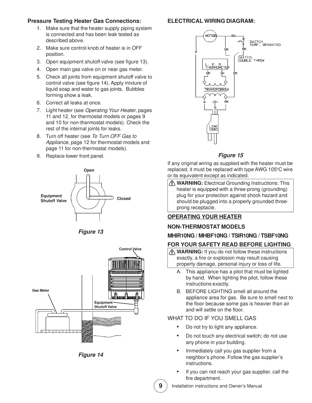 Enerco MHBF30NGT, TSBF10NG Pressure Testing Heater Gas Connections, Electrical Wiring Diagram, What to do if YOU Smell GAS 