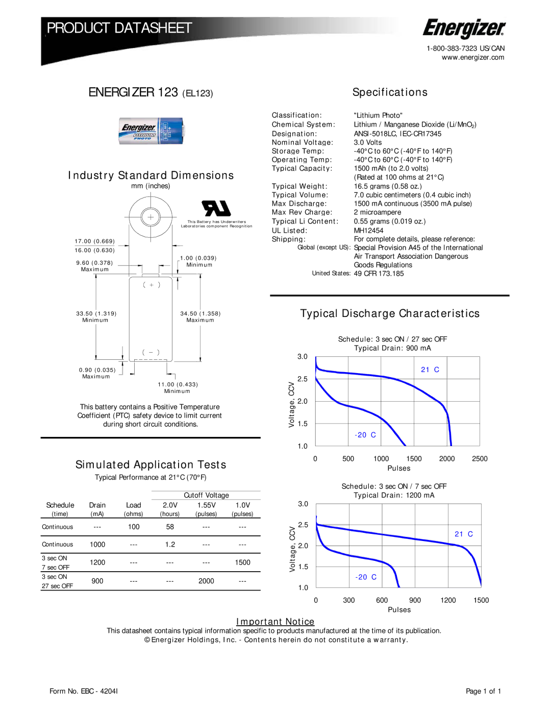 Energizer specifications Product Datasheet, Energizer 123 EL123 