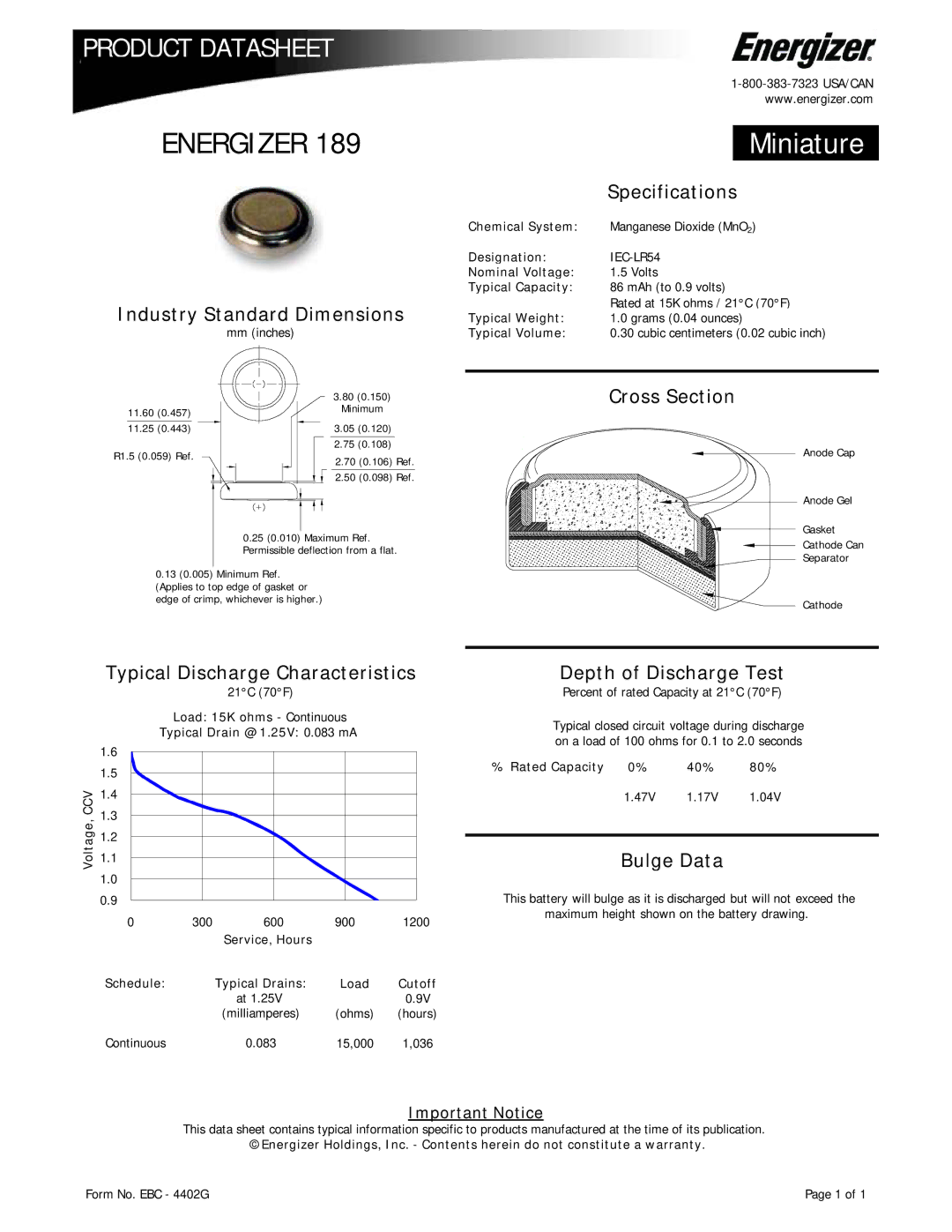 Energizer 189 dimensions Energizer, Miniature 