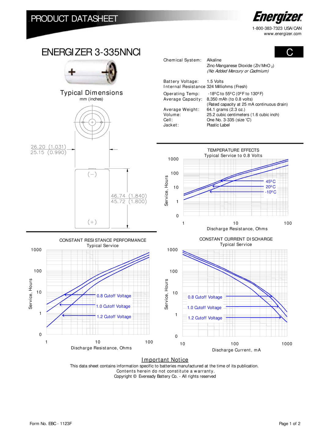 Energizer dimensions Energizer 3-335NNCI, Typical Dimensions, Important Notice 