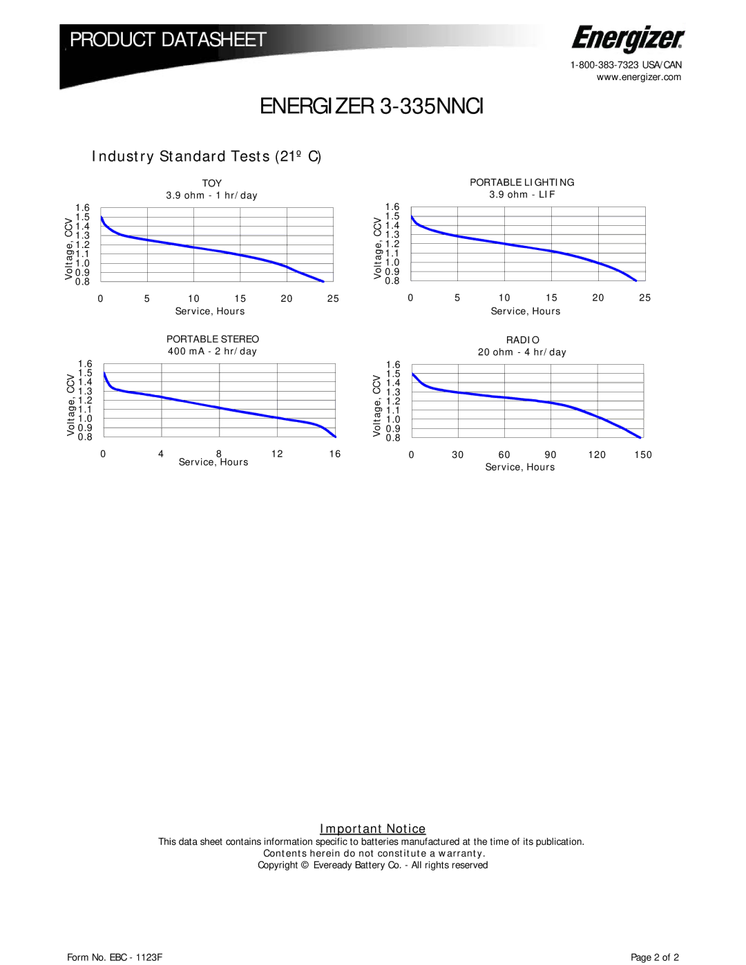 Energizer 3-335NNCI dimensions Industry Standard Tests 21º C, Voltage, CCV, TOY Portable Lighting, Ohm LIF, Service, Hours 
