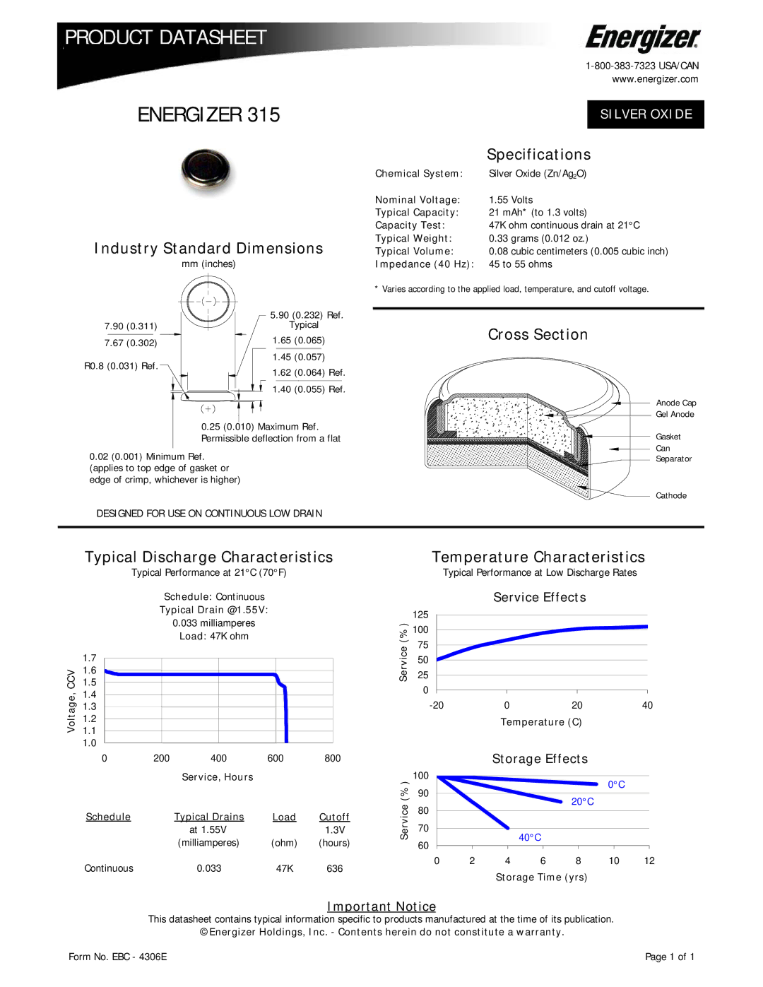 Energizer 315 specifications Industry Standard Dimensions, Specifications, Cross Section, Temperature Characteristics 