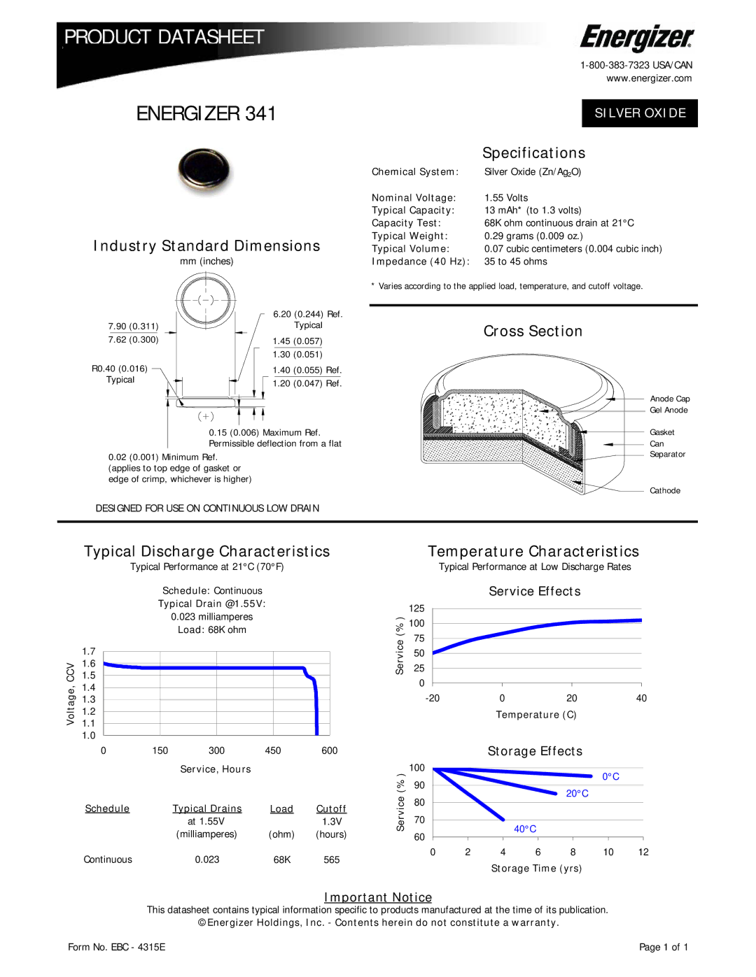 Energizer 341 specifications Product Datasheet, Energizer 