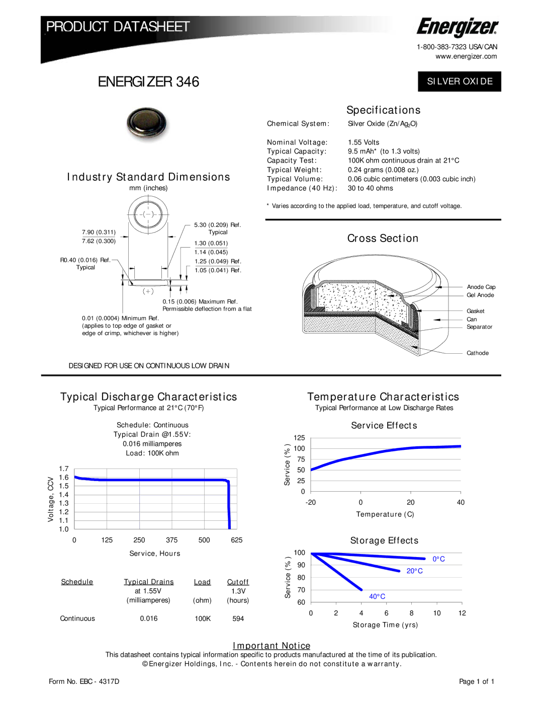 Energizer 346 specifications Product Datasheet, Energizer 