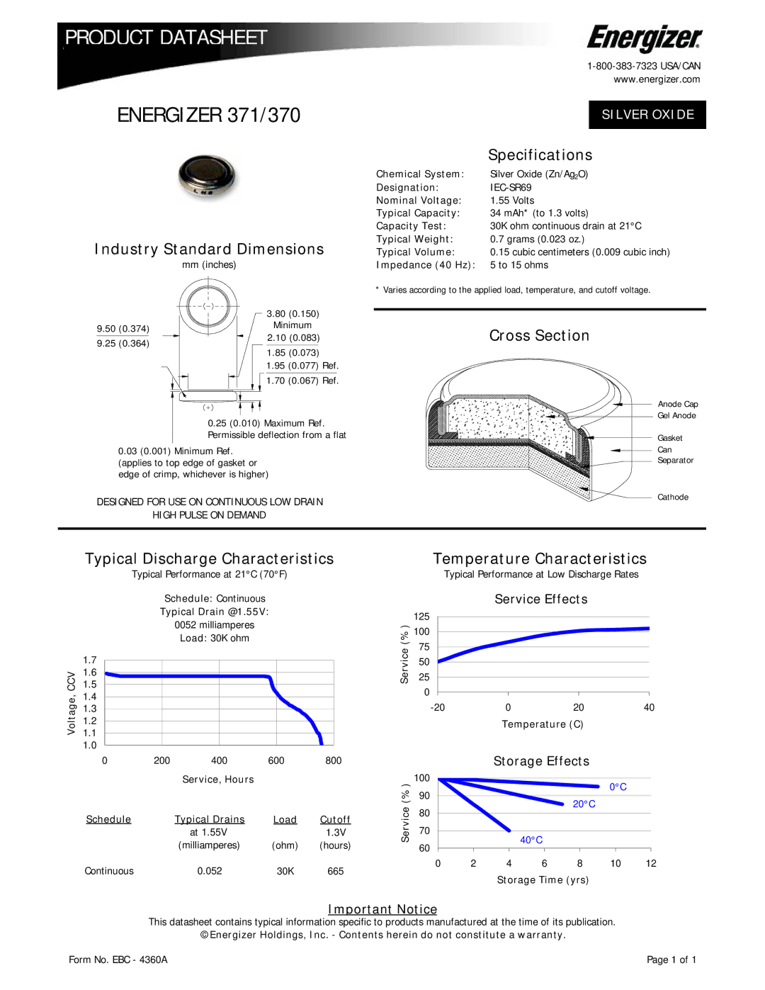 Energizer specifications Product Datasheet, Energizer 371/370 