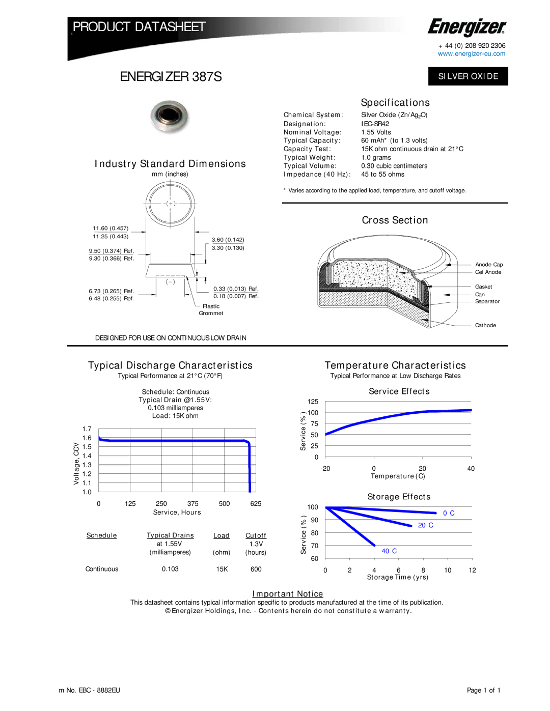 Energizer specifications Product Datasheet, Energizer 387S 