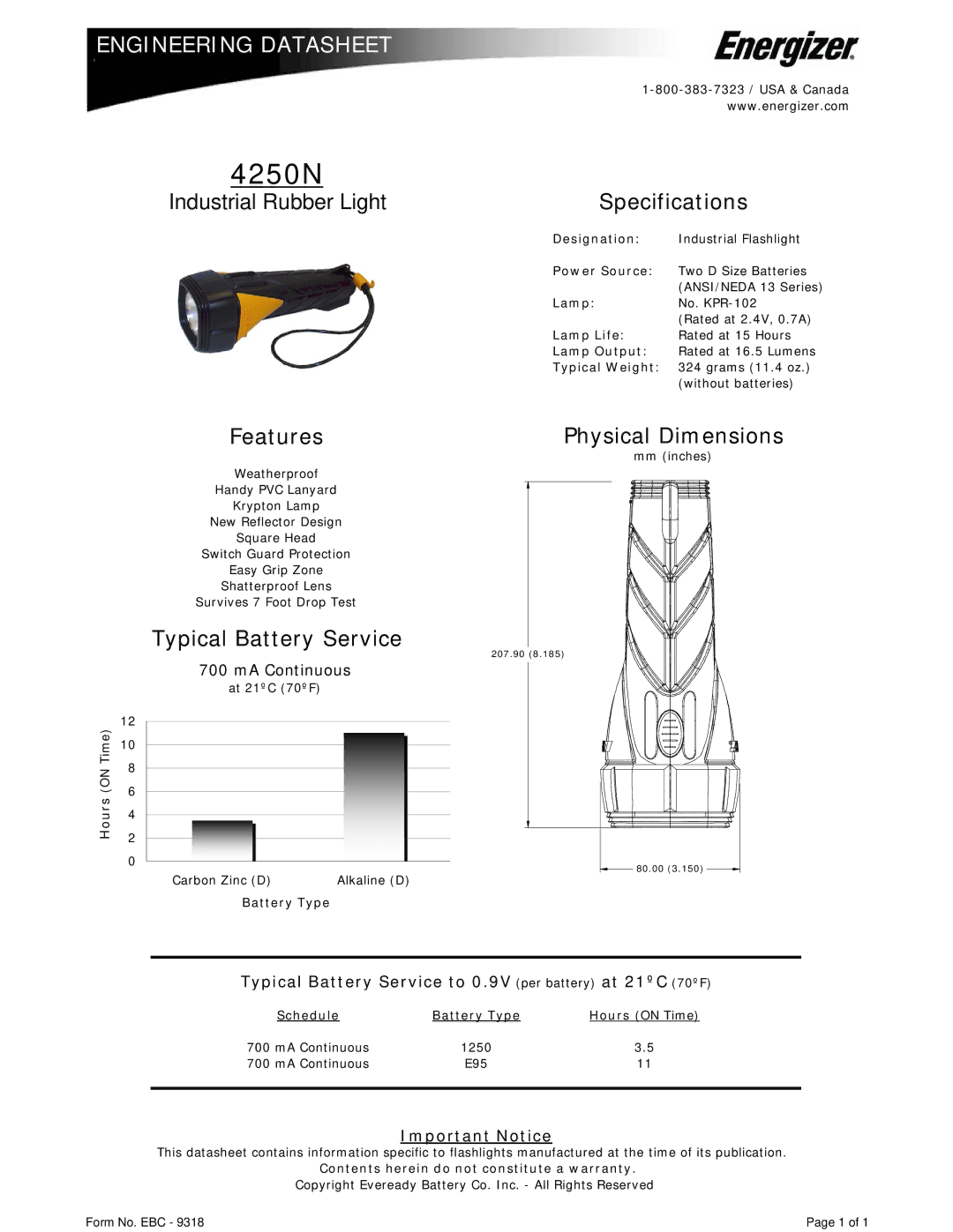 Energizer 4250N specifications Specifications, Features, Physical Dimensions, Typical Battery Service 