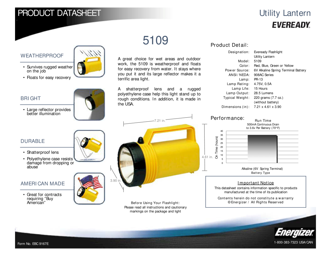 Energizer 5109 dimensions Product Datasheet, Utility Lantern, Weatherproof, Bright, Durable, Performance, American Made 