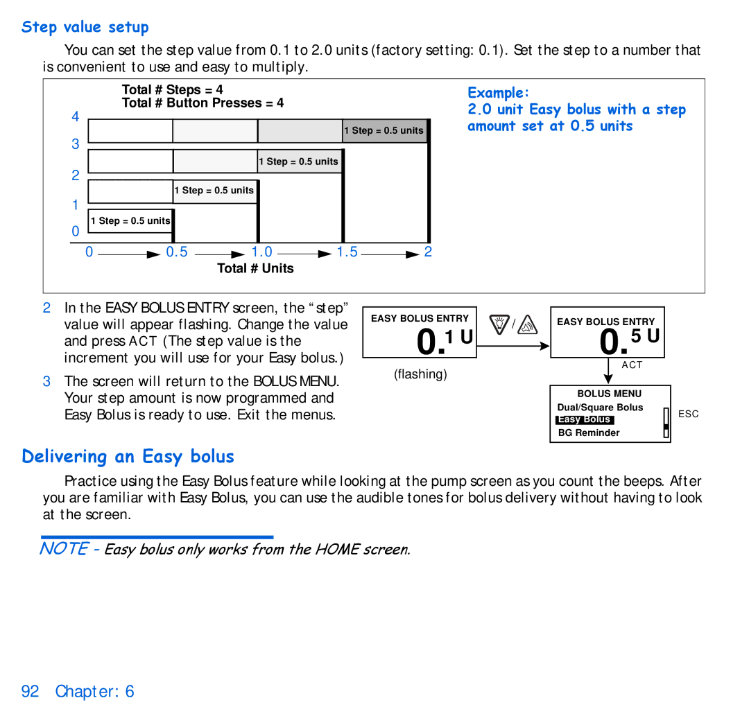 Energizer 715, 515 manual Delivering an Easy bolus, Step value setup 