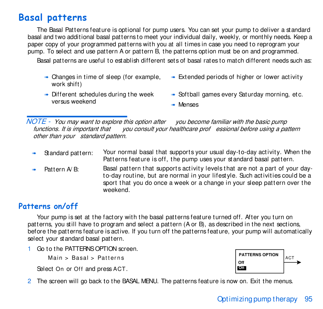 Energizer 515, 715 manual Basal patterns, Patterns on/off 