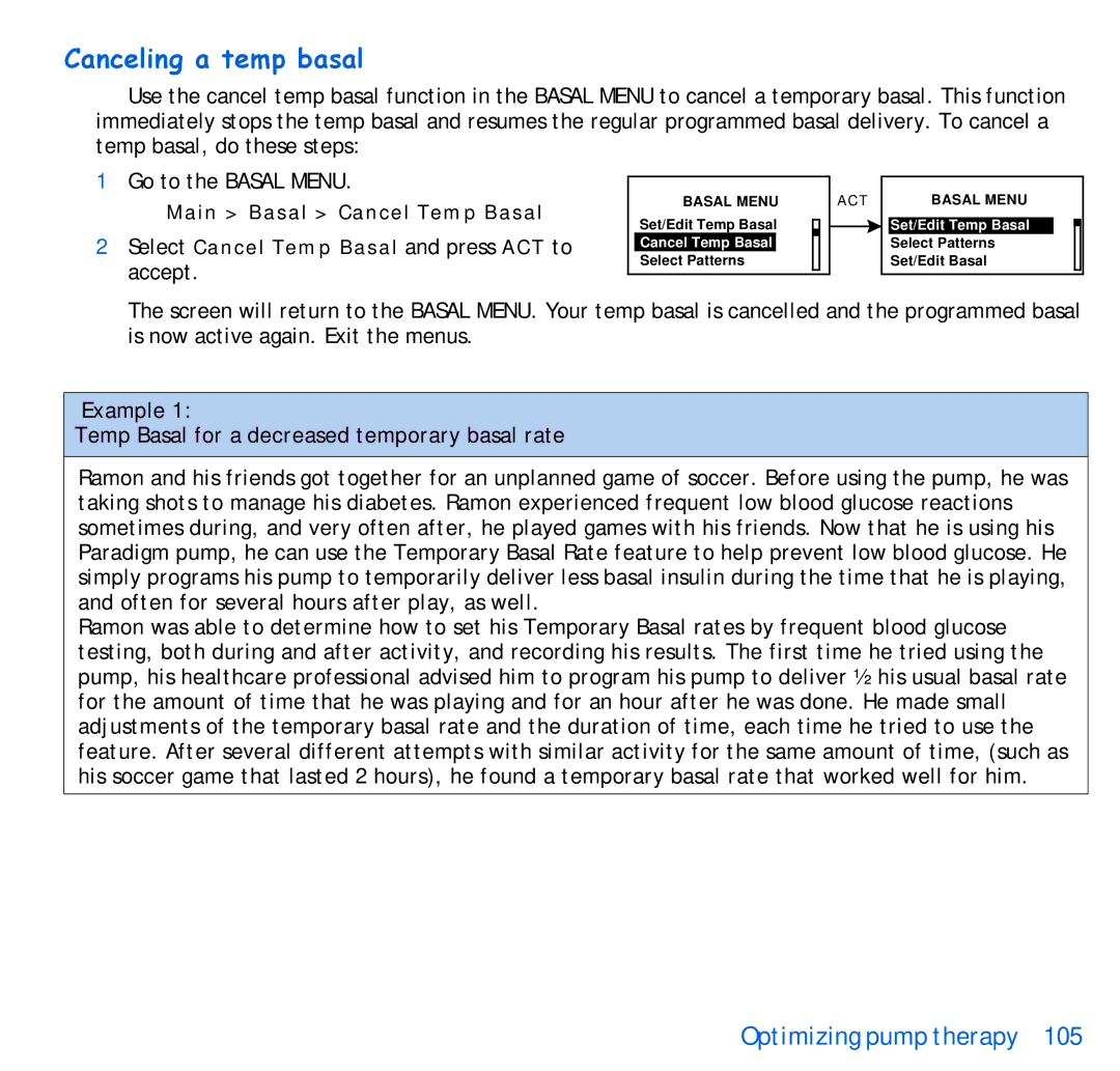 Energizer 515, 715 manual Canceling a temp basal, Example Temp Basal for a decreased temporary basal rate 