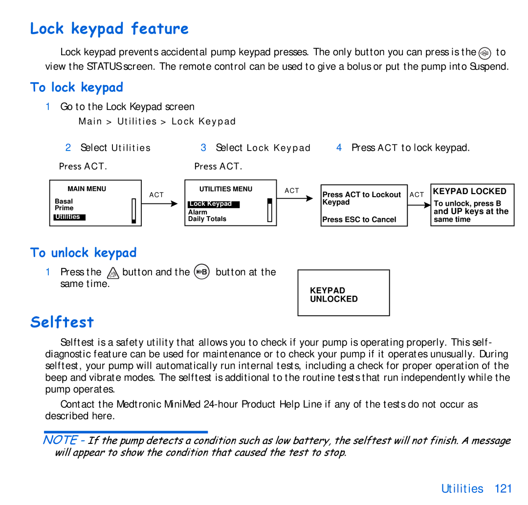 Energizer 515, 715 manual Lock keypad feature, Selftest, To lock keypad, To unlock keypad, Press ACT to lock keypad 