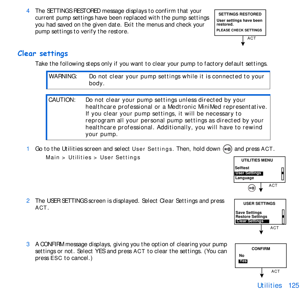 Energizer 515, 715 manual Clear settings, Body, Do not clear your pump settings unless directed by your, Your pump 