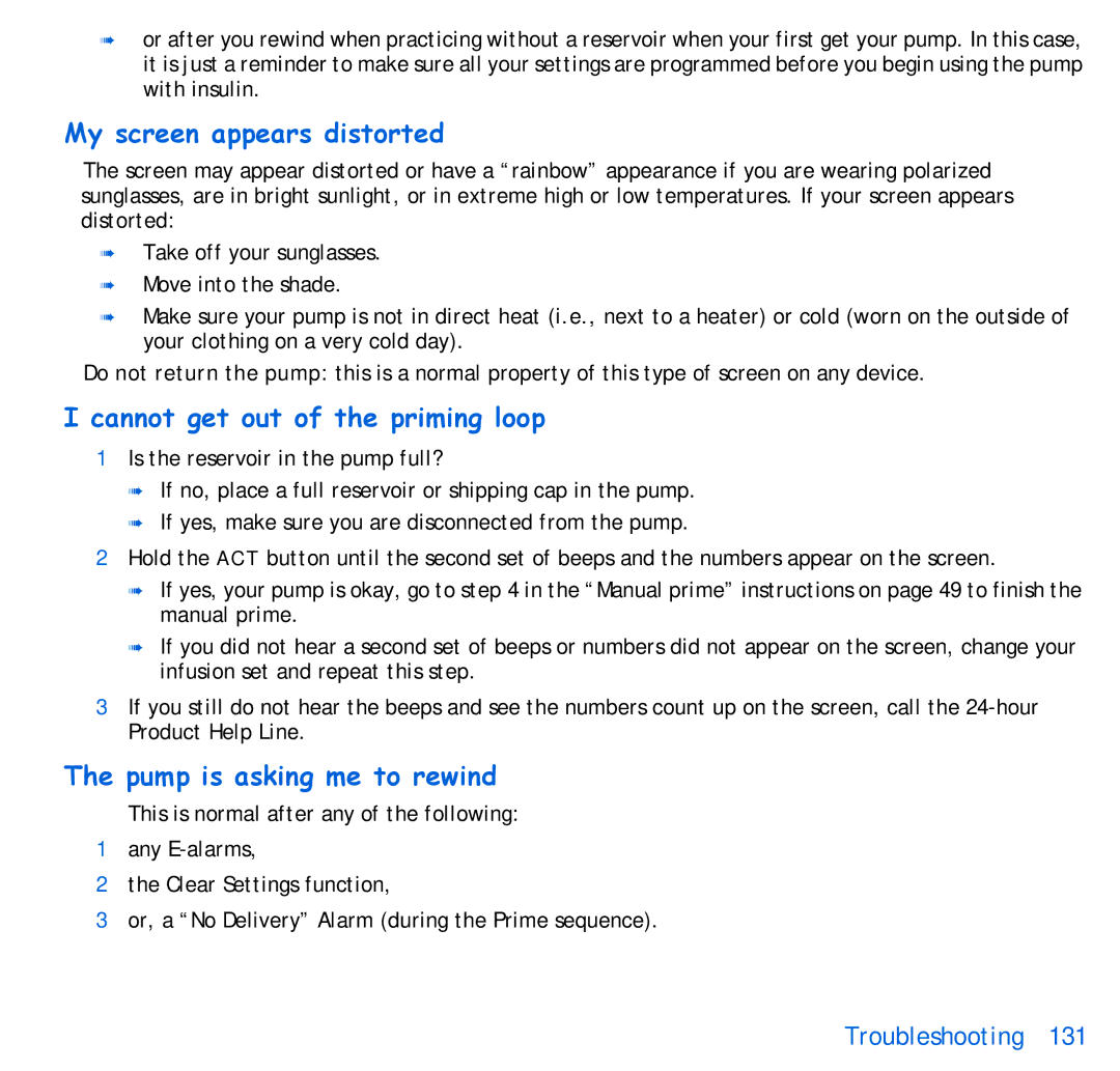 Energizer 515, 715 manual My screen appears distorted, Cannot get out of the priming loop, Pump is asking me to rewind 