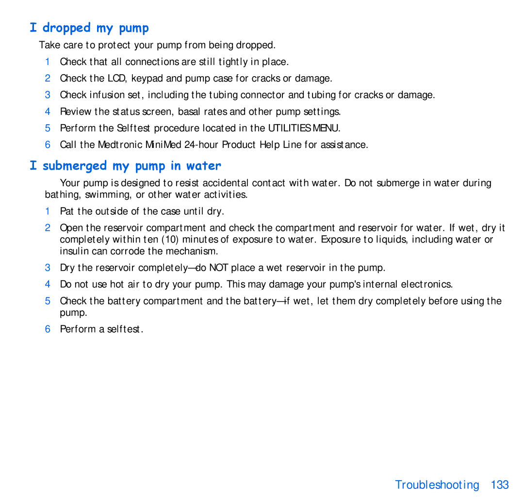 Energizer 515, 715 manual Dropped my pump, Submerged my pump in water 