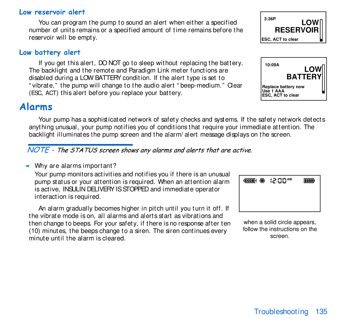 Energizer 515, 715 manual Alarms, Low reservoir alert, Low battery alert, Why are alarms important? 