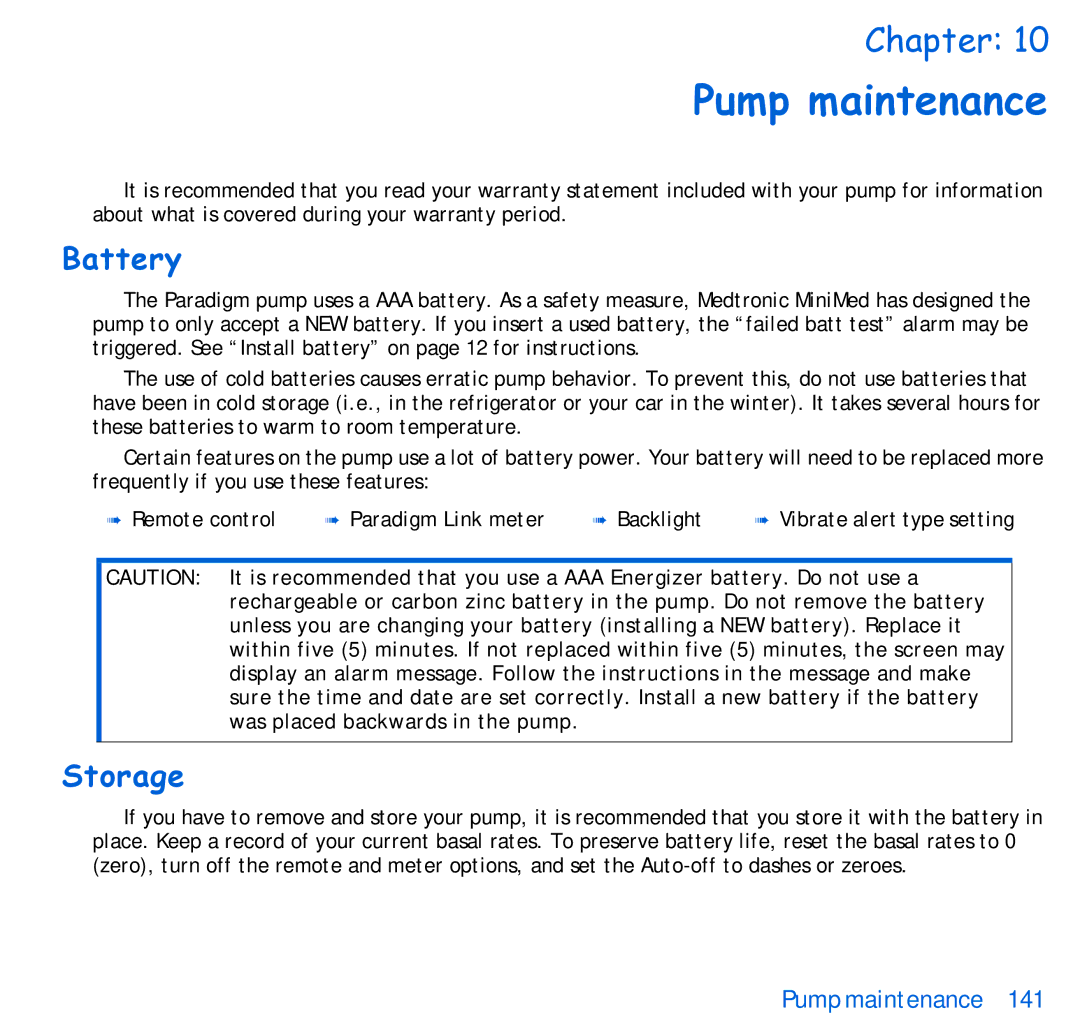 Energizer 515, 715 manual Pump maintenance, Battery, Storage 