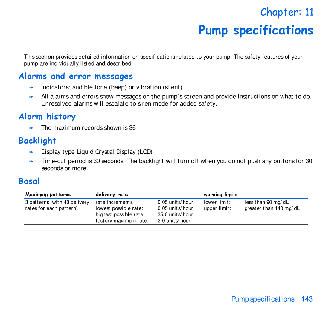 Energizer 515, 715 manual Pump specifications, Alarms and error messages 