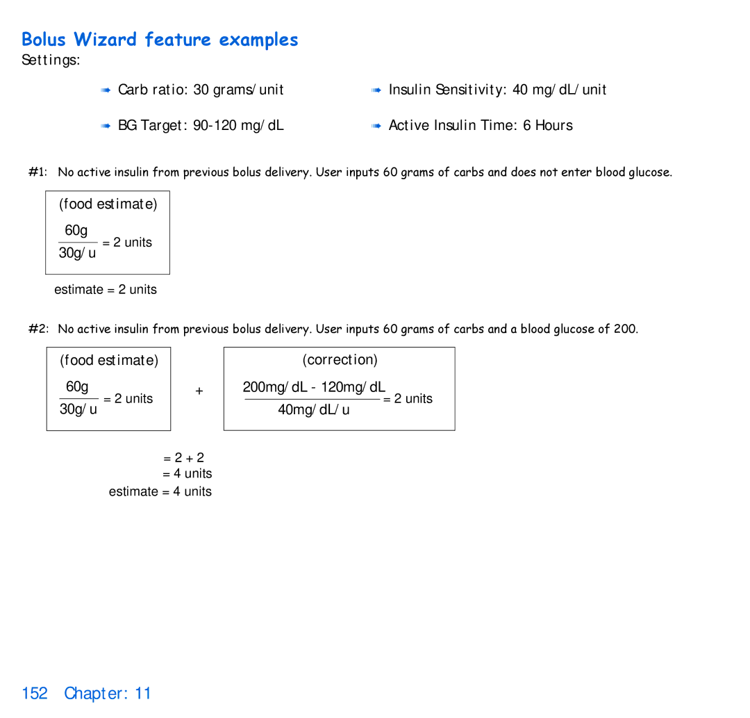 Energizer 715, 515 manual Bolus Wizard feature examples, Settings 