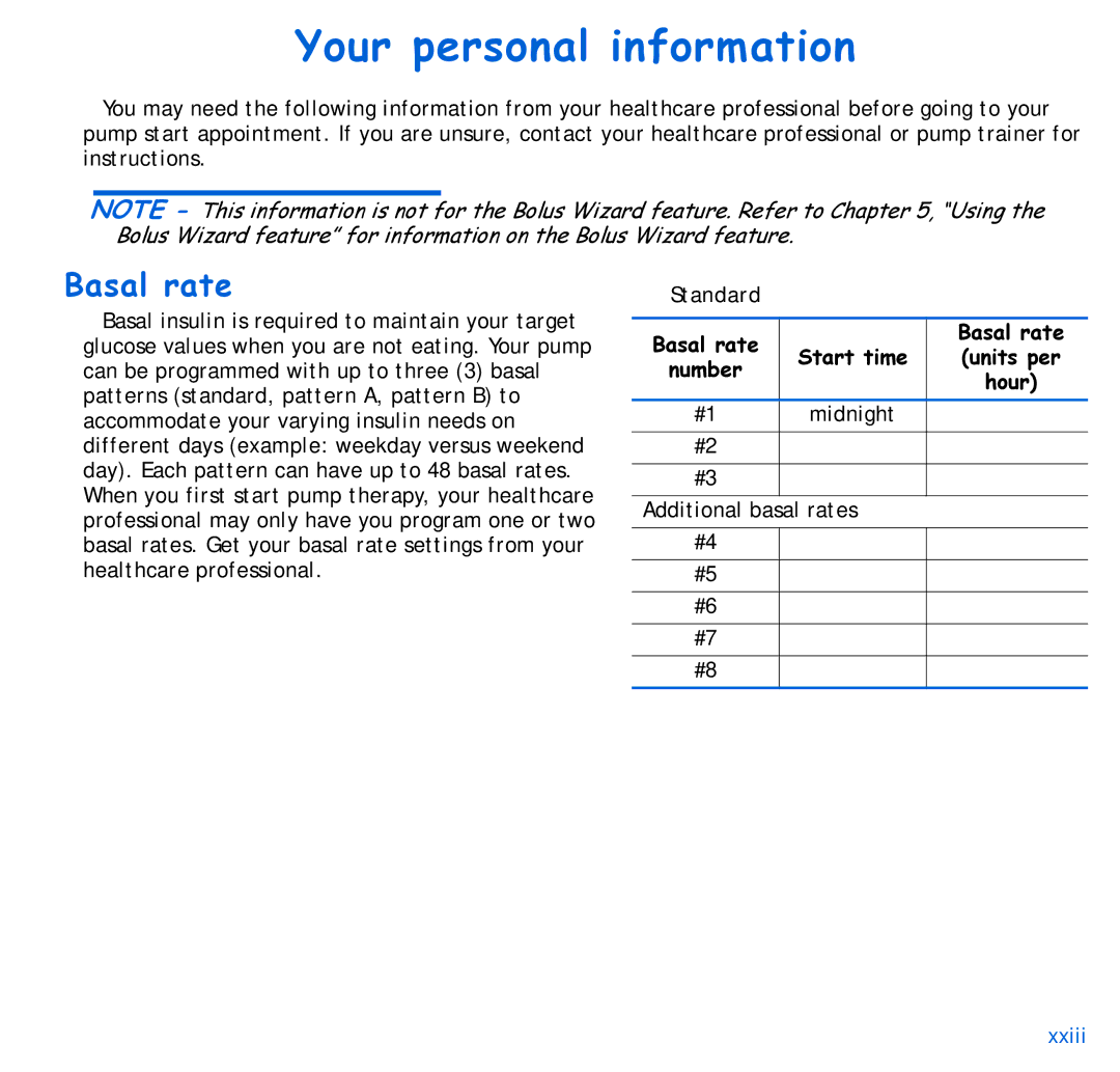 Energizer 515, 715 manual Your personal information, Basal rate, Standard 