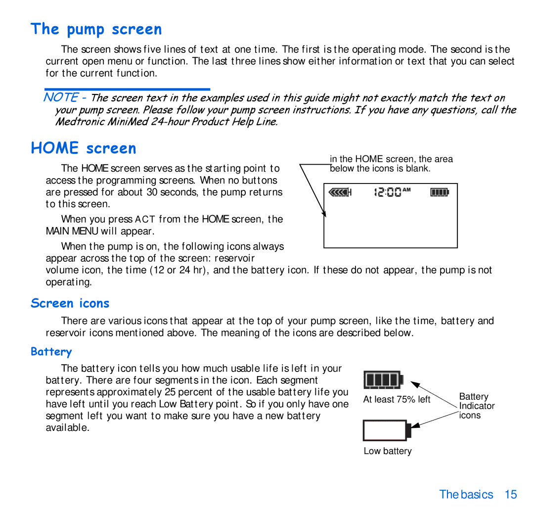 Energizer 515, 715 manual Pump screen, Home screen, Screen icons, Battery 