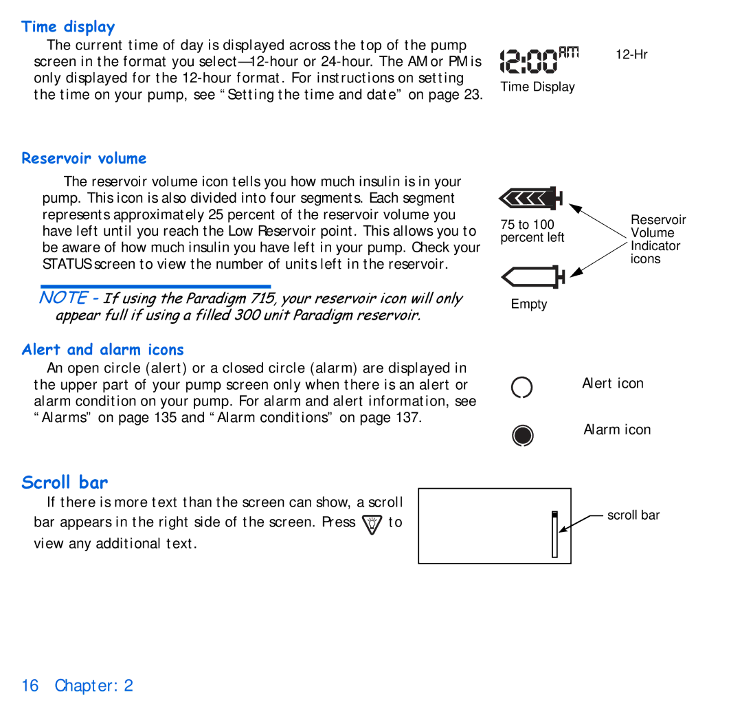 Energizer 715, 515 manual Scroll bar, Time display, Reservoir volume, Alert and alarm icons 