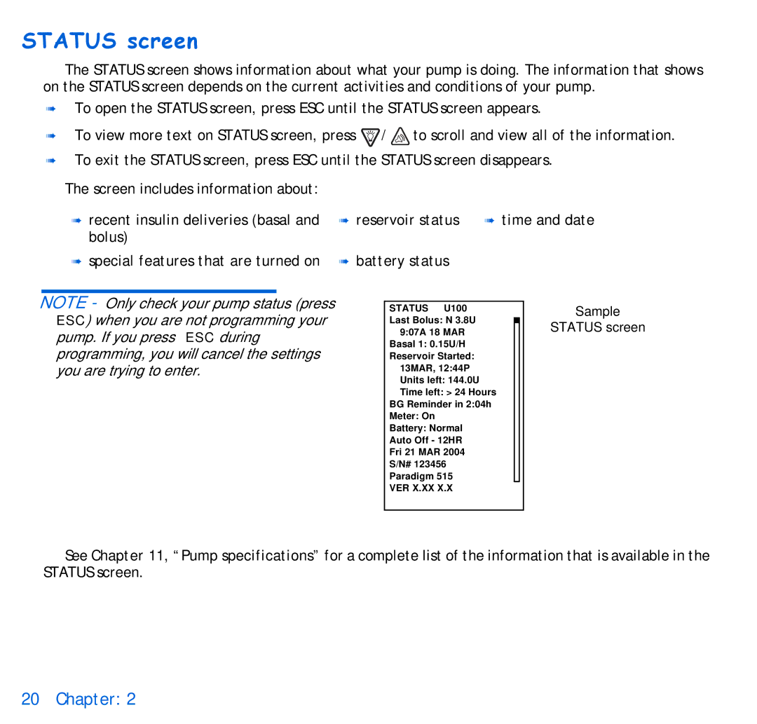 Energizer 715, 515 manual Status screen, Status U100 