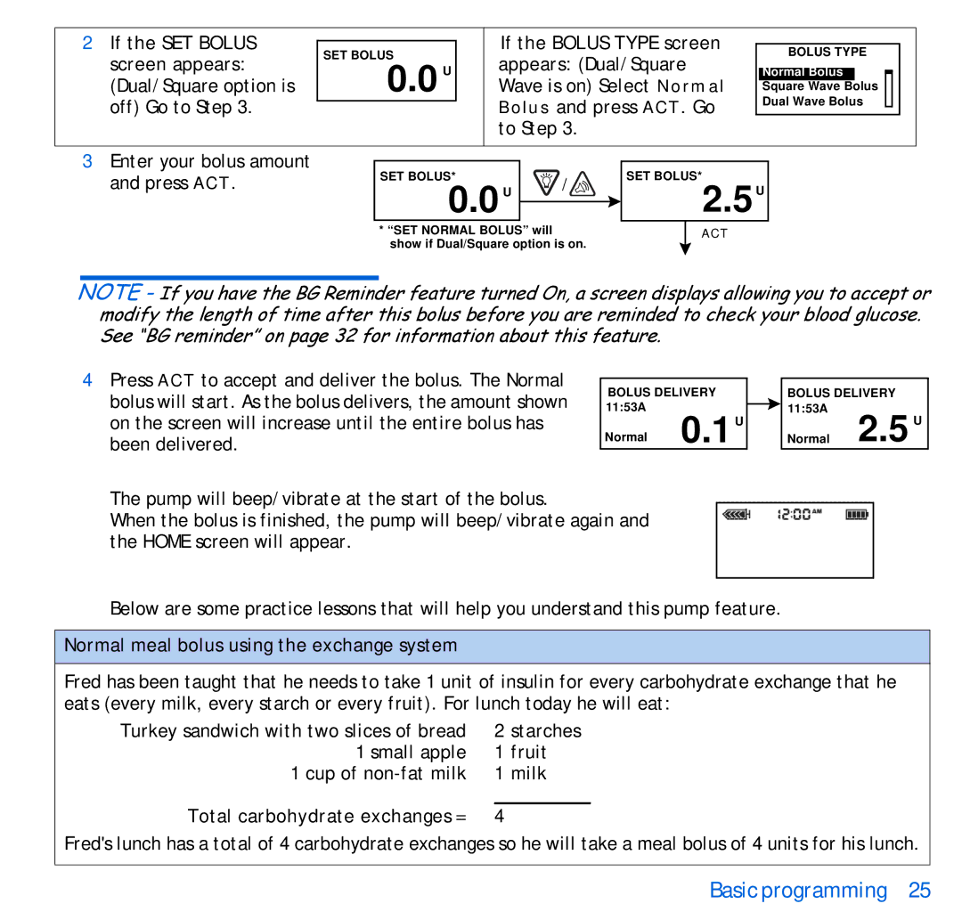 Energizer 515, 715 manual Normal meal bolus using the exchange system, Total carbohydrate exchanges = 