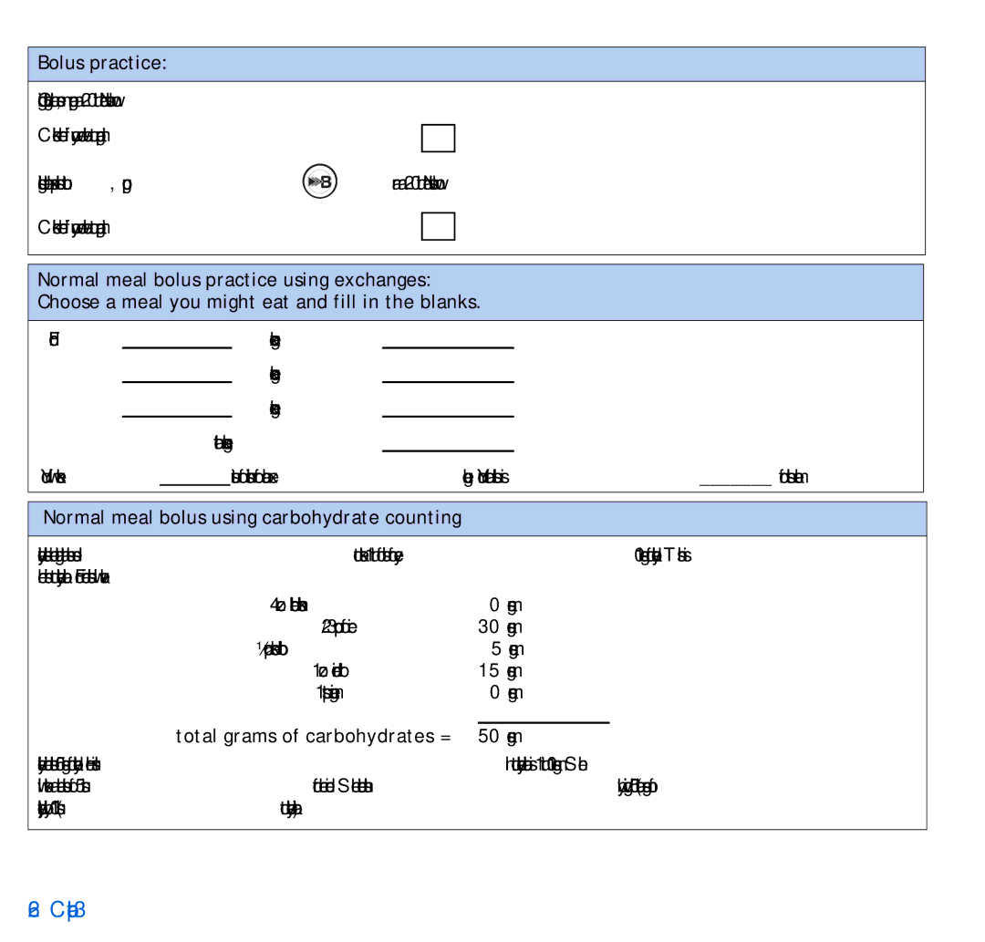 Energizer 715, 515 manual Bolus practice, Normal meal bolus using carbohydrate counting, Total grams of carbohydrates = 