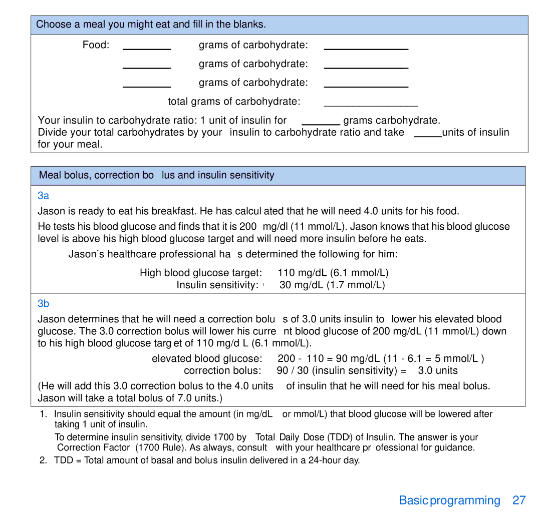 Energizer 515, 715 manual Total grams of carbohydrate, Meal bolus, correction bolus and insulin sensitivity 