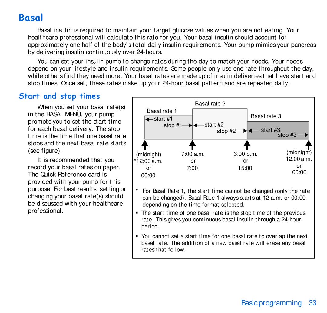 Energizer 515, 715 manual Basal, Start and stop times 