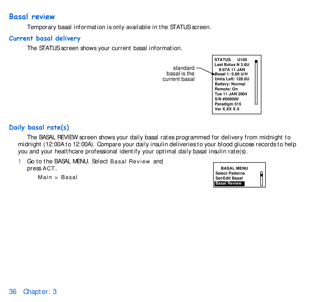 Energizer 715, 515 manual Basal review, Current basal delivery, Daily basal rates 