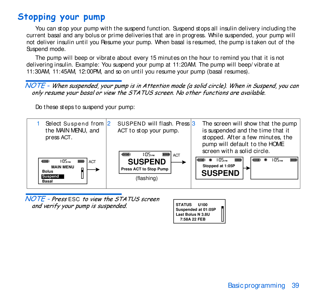 Energizer 515, 715 manual Stopping your pump, Suspend 