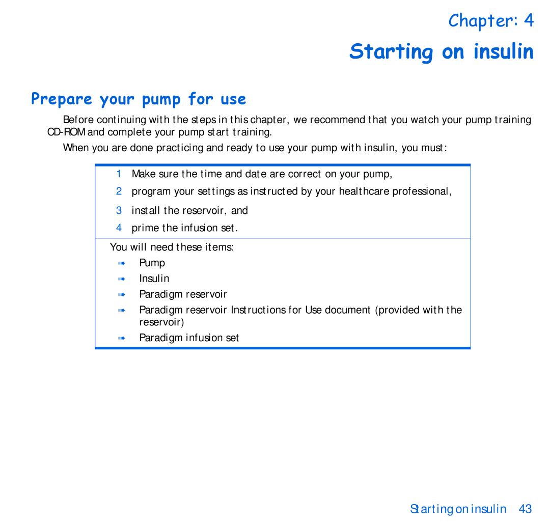 Energizer 515, 715 manual Starting on insulin, Prepare your pump for use 