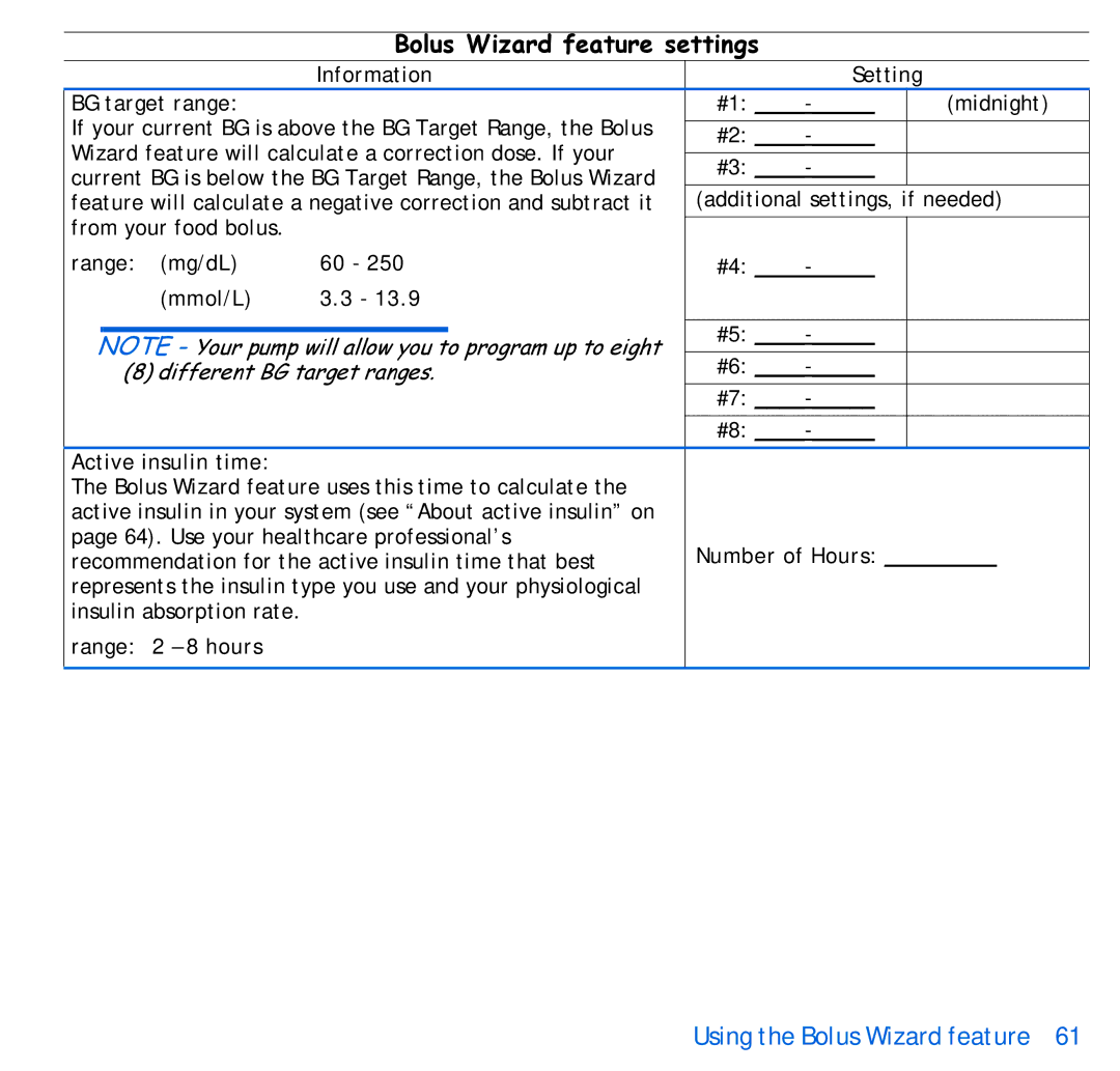 Energizer 515, 715 manual Information Setting BG target range, Active insulin time, Number of Hours, Range Hours 