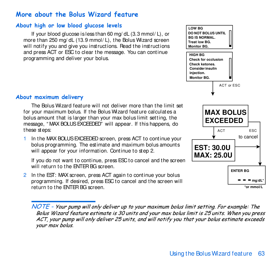 Energizer 515, 715 More about the Bolus Wizard feature, About high or low blood glucose levels, About maximum delivery 