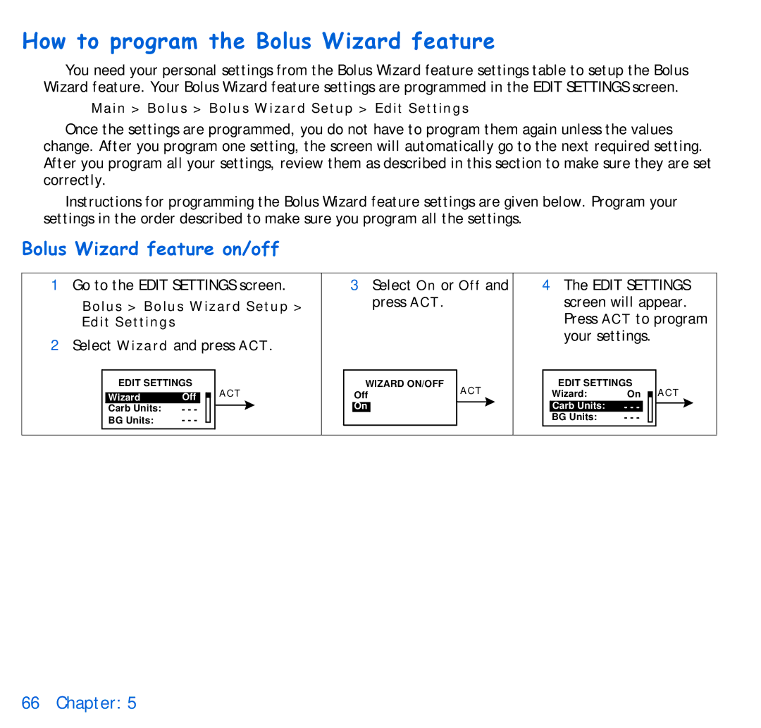 Energizer 715, 515 manual How to program the Bolus Wizard feature, Bolus Wizard feature on/off 