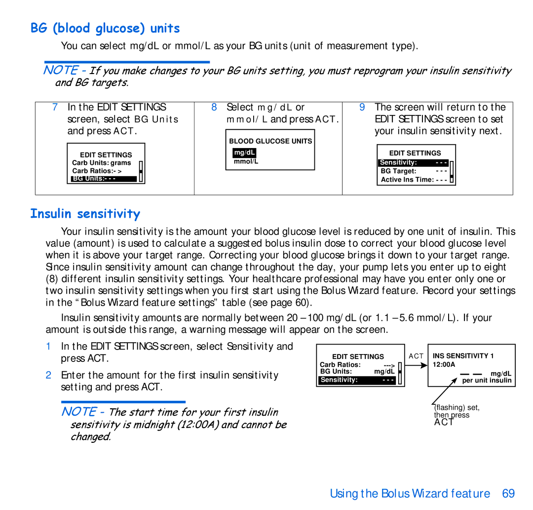 Energizer 515, 715 manual BG blood glucose units, Insulin sensitivity 