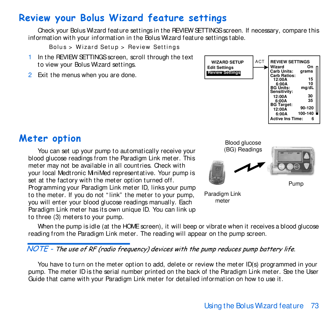 Energizer 515, 715 manual Review your Bolus Wizard feature settings, Meter option 