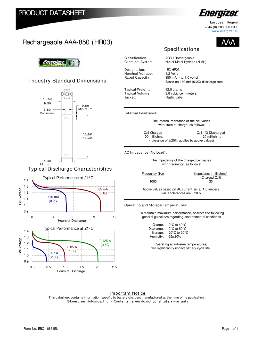 Energizer AAA-850 (HR03) specifications Aaa, Industry Standard Dimensions, Specifications, Important Notice 