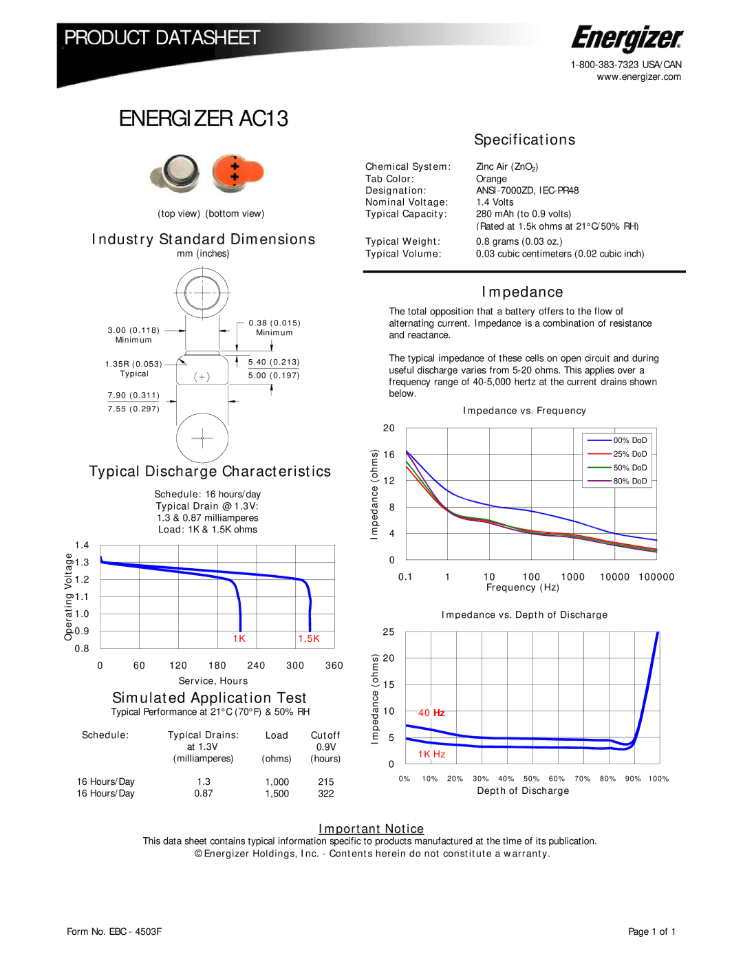 Energizer dimensions Energizer AC13 