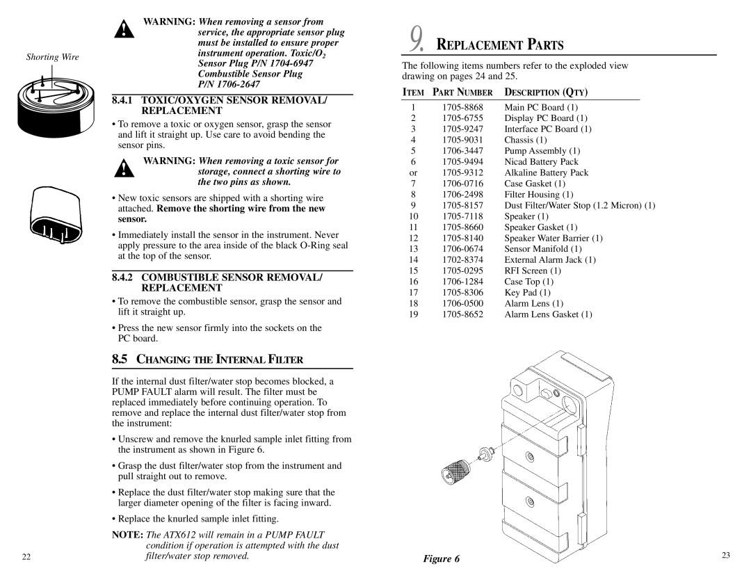 Energizer ATX612 TOXIC/OXYGEN Sensor REMOVAL/ Replacement, Combustible Sensor REMOVAL/ Replacement, Replacement Parts 