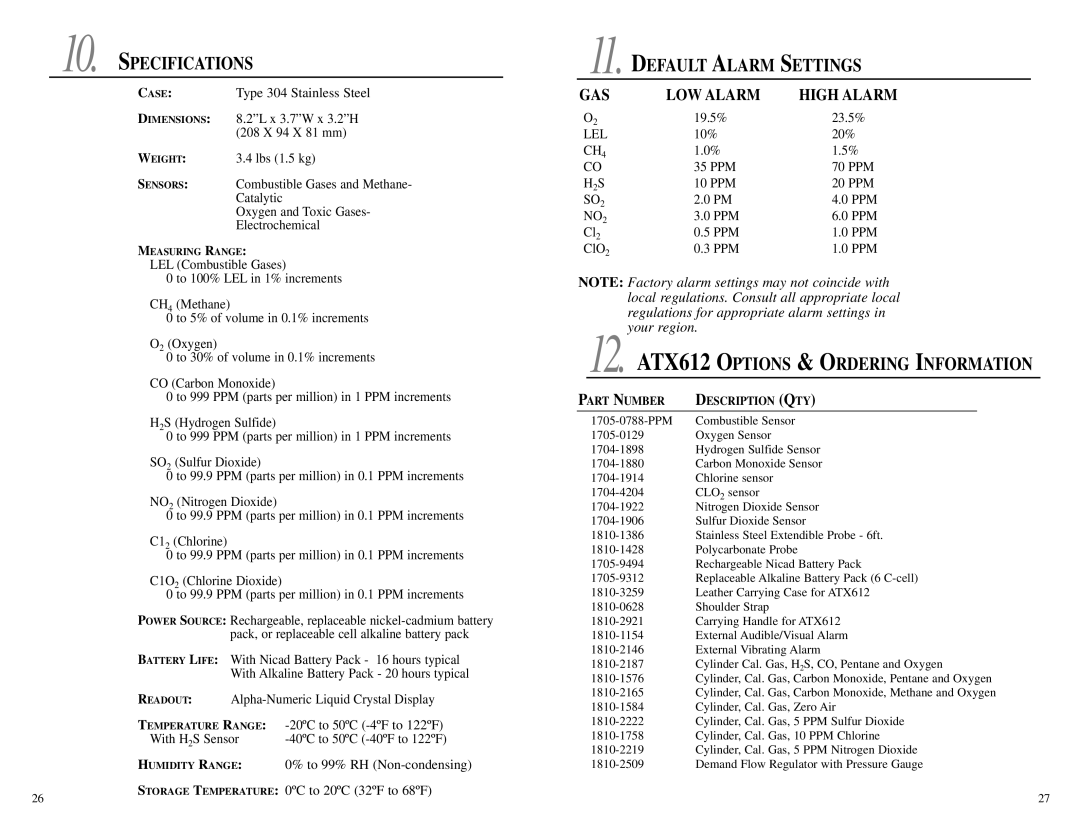 Energizer Specifications Default Alarm Settings, ATX612 Options & Ordering Information, GAS LOW Alarm High Alarm 
